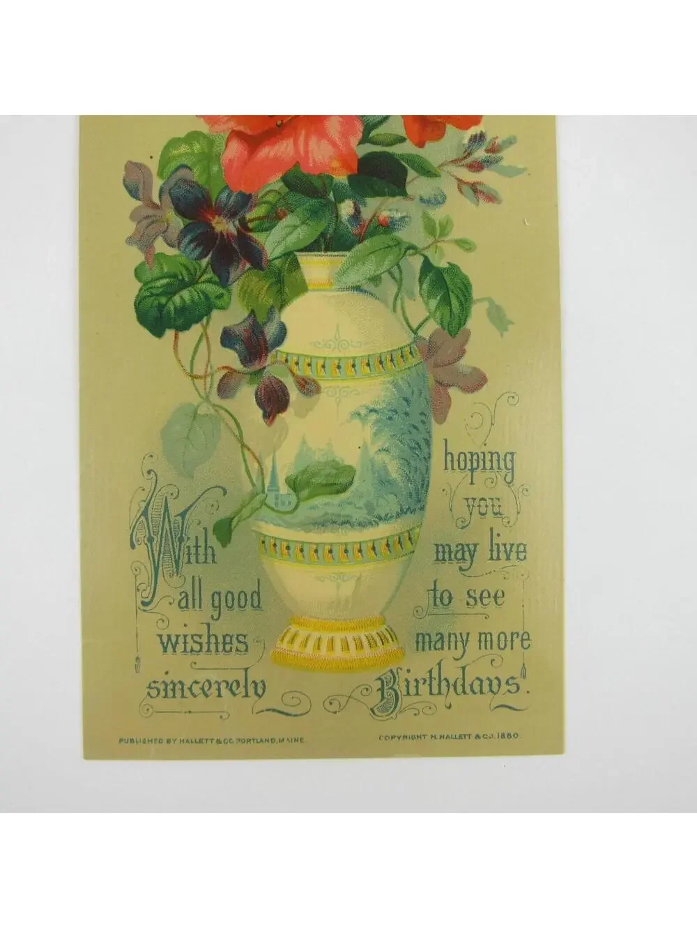 Victorian Birthday Greeting Card Flower Bouquet in Vase Red Purple Antique 1880